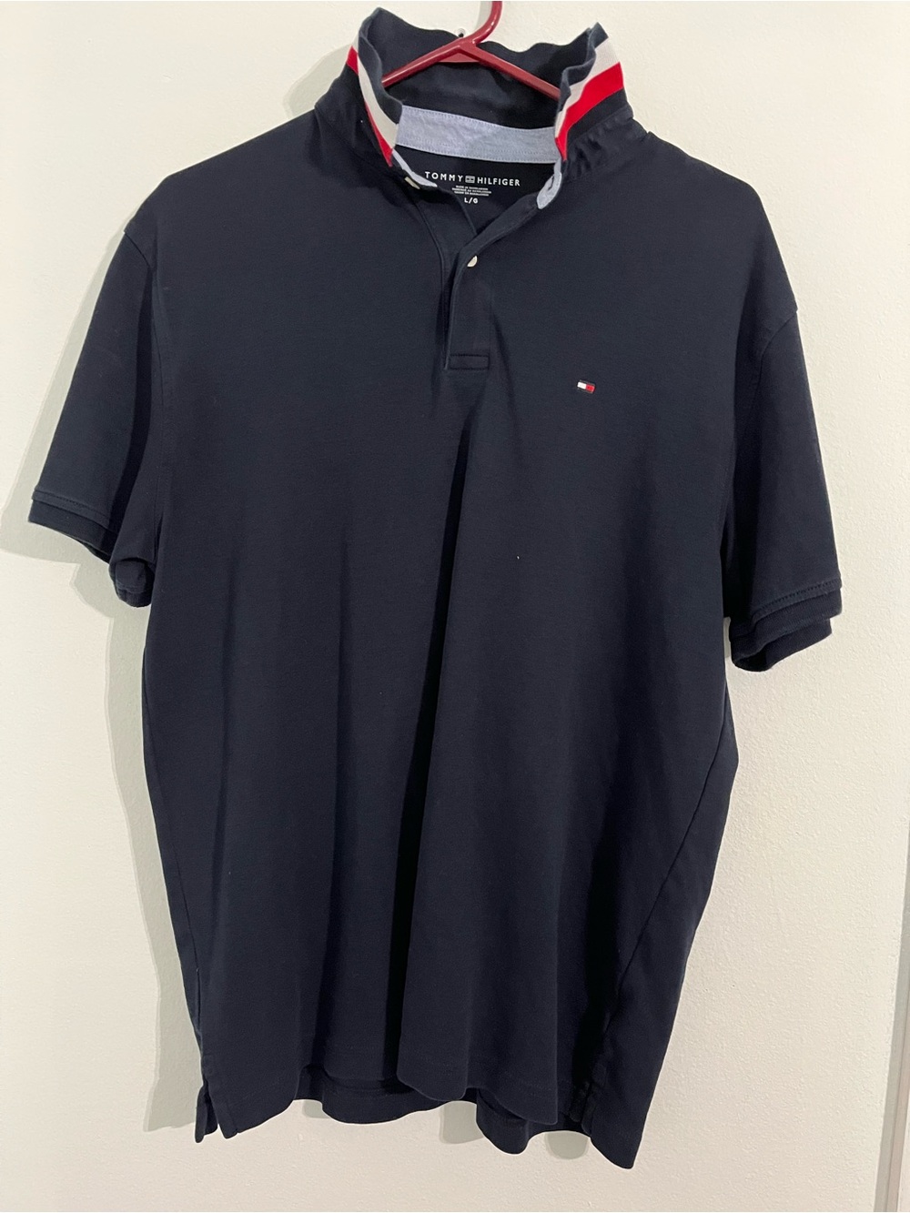 Tommy Hilfiger Men's Navy Polo with Red & White Collar Stripe